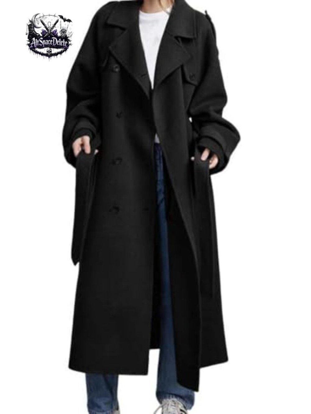 Wool Blend Pea Coat Double Breasted Midi Trench Coat with Belt